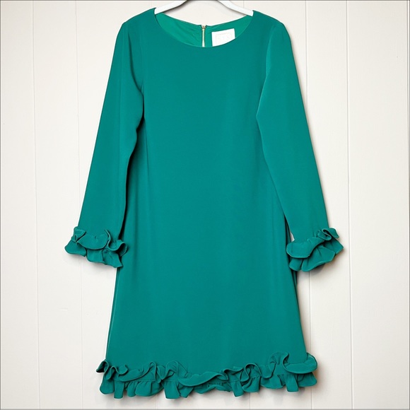 Sail to Sable Green Shift Dress 4 long sleeve mini ruffle cocktail party holiday - Picture 3 of 14